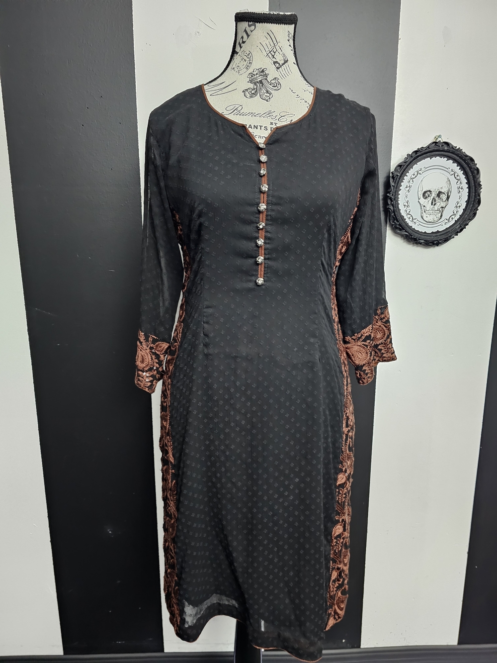 Vintage Black Dress with Copper Embroidered Trim